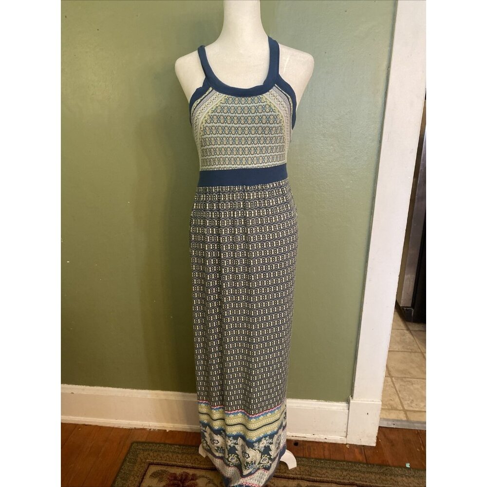 Athleta Women Dress Sz S Blue Pink Maxi Sleeveless Long Floral Modal Blend